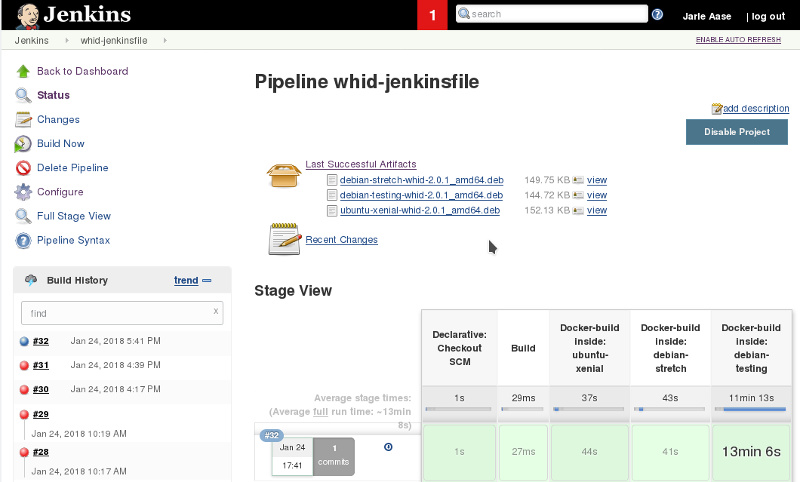 Jenkins UI with 3 .deb packages